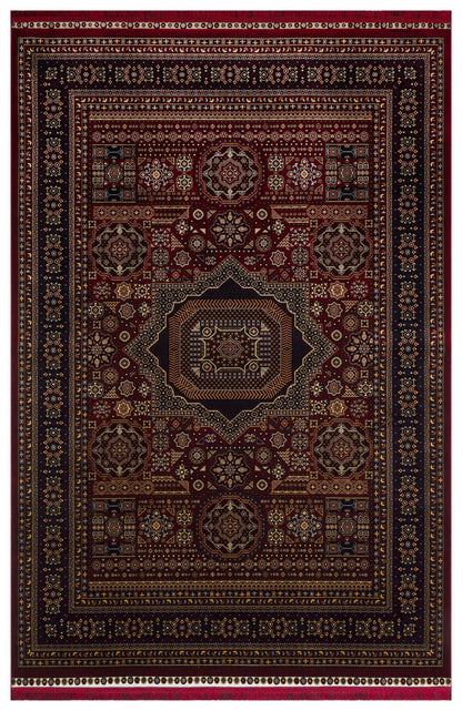 Crimson Red Persian Style Area Rug – Geometric Medallion Oriental Carpet