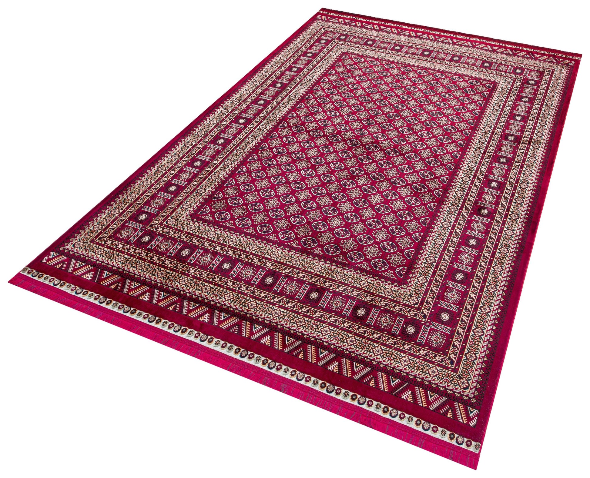 Crimson Red Persian Style Area Rug – Geometric Medallion Oriental Carpet