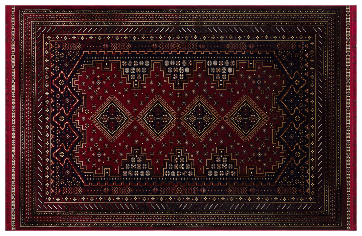 Crimson Red Persian Style Area Rug – Geometric Medallion Oriental Carpet