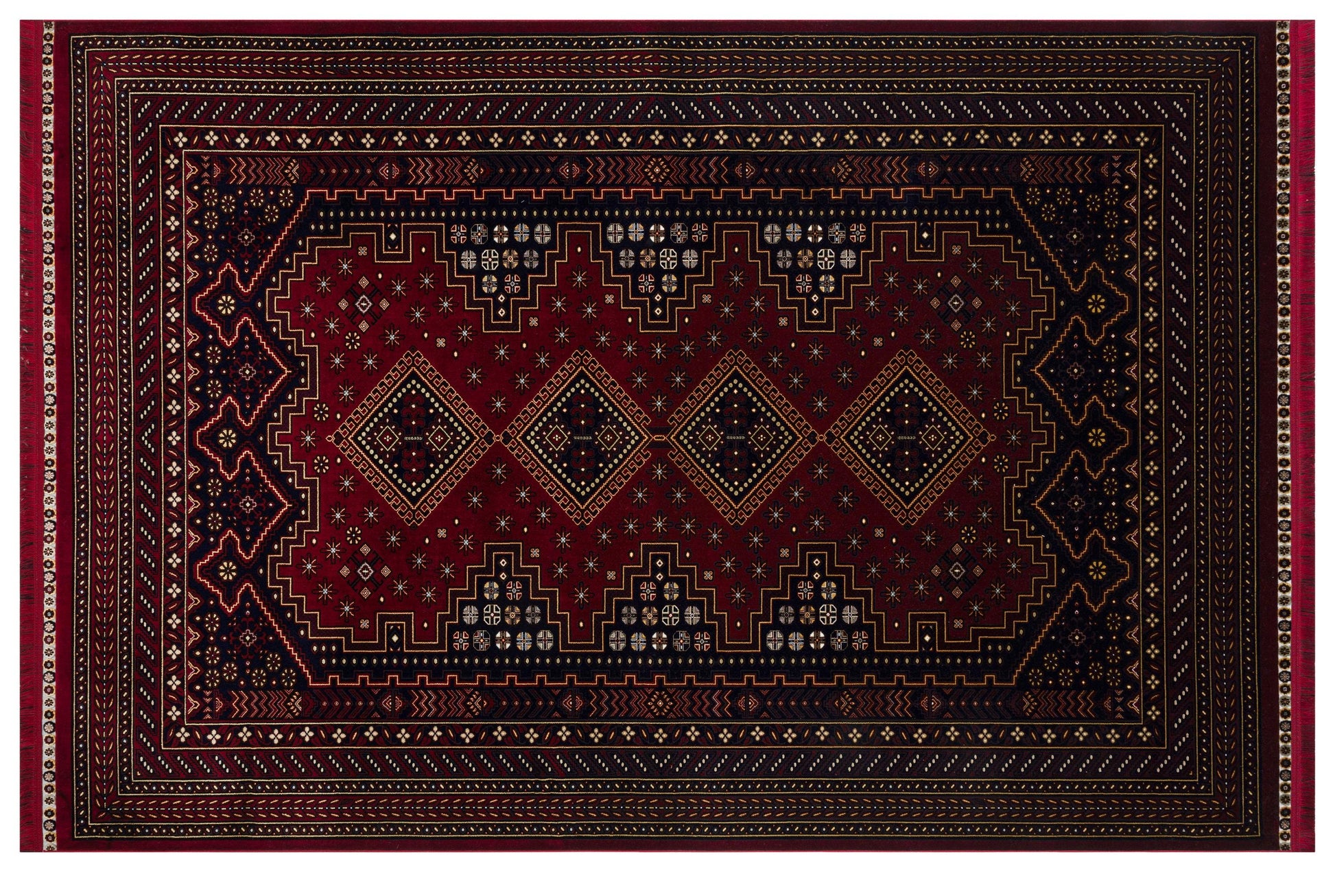Crimson Red Persian Style Area Rug – Geometric Medallion Oriental Carpet