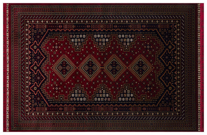 Crimson Red Persian Style Area Rug – Geometric Medallion Oriental Carpet
