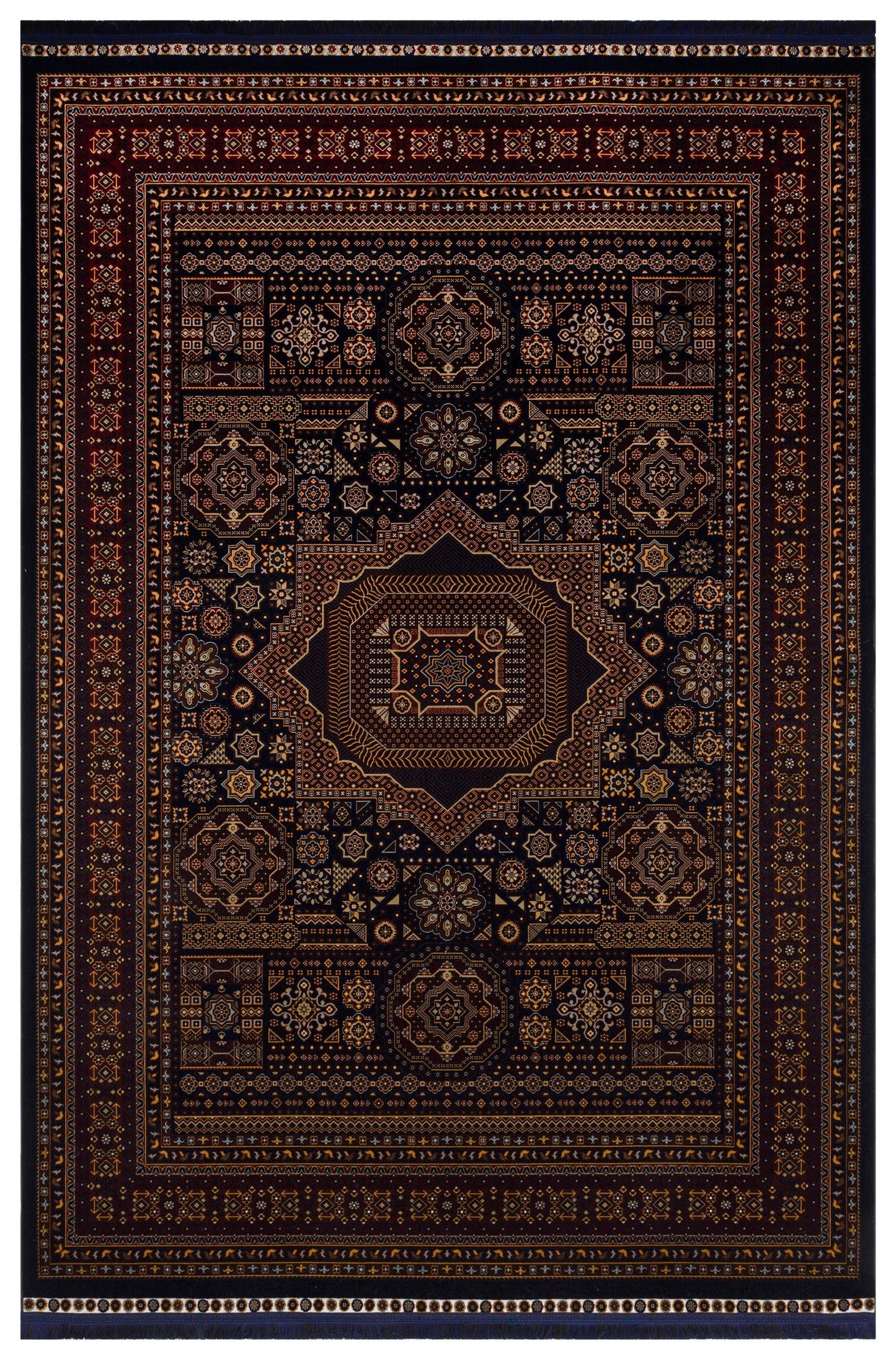 Crimson Red Persian Style Area Rug – Geometric Medallion Oriental Carpet