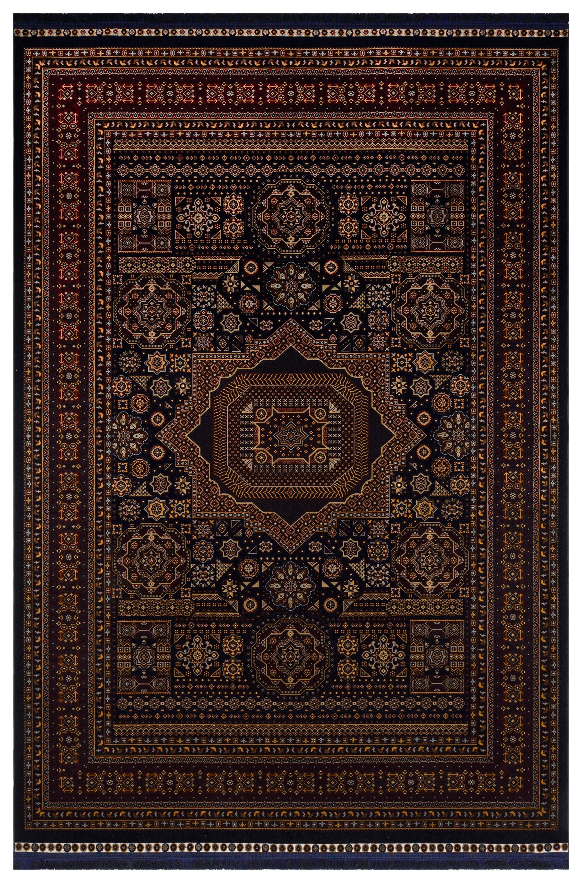 Crimson Red Persian Style Area Rug – Geometric Medallion Oriental Carpet