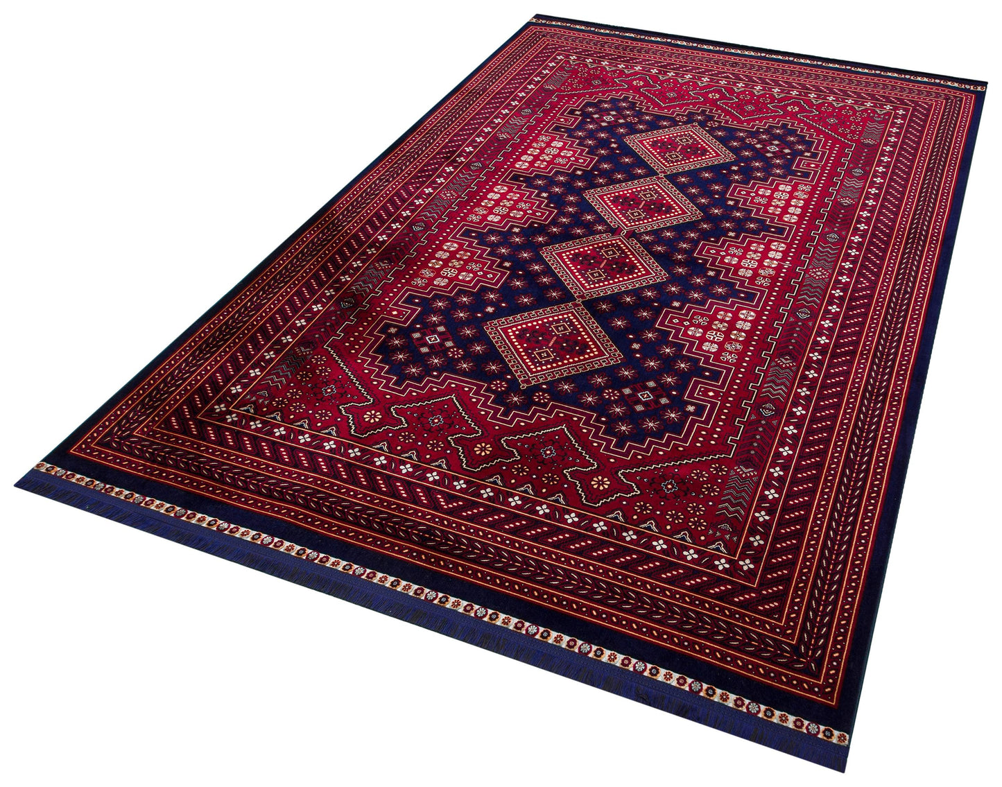 Crimson Red Persian Style Area Rug – Geometric Medallion Oriental Carpet