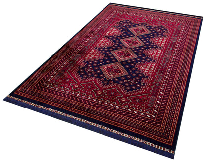 Crimson Red Persian Style Area Rug – Geometric Medallion Oriental Carpet