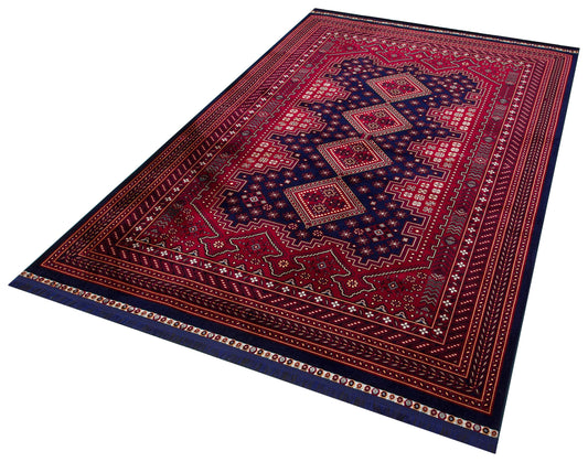 Crimson Red Persian Style Area Rug – Geometric Medallion Oriental Carpet
