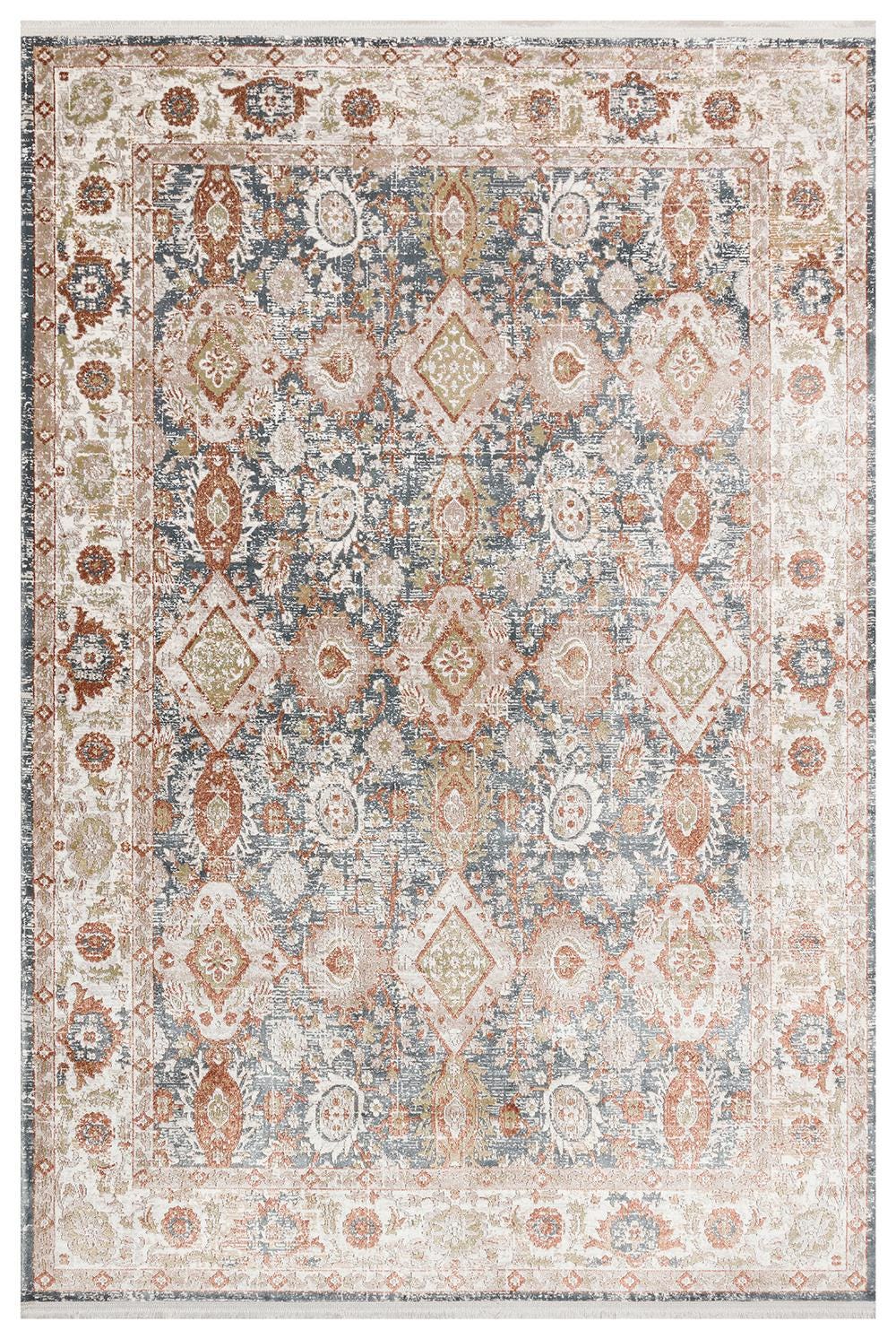Distressed Persian Style Rug – Muted Blue Terracotta Boho Area Carpet