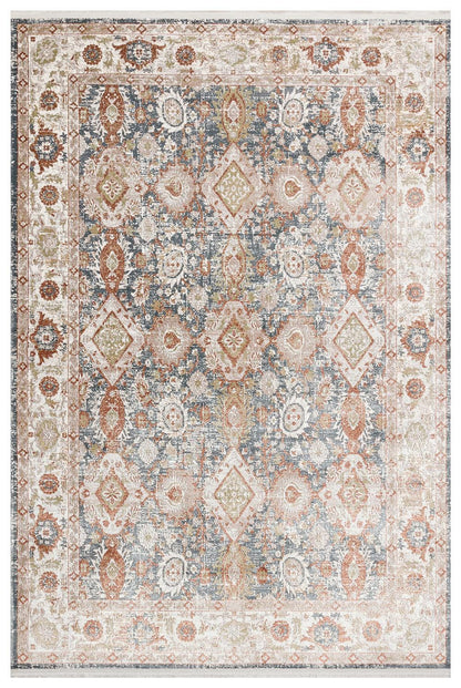 Distressed Persian Style Rug – Muted Blue Terracotta Boho Area Carpet