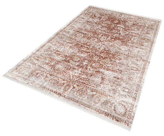 Distressed Terracotta Oriental Medallion Rug, Faded Antique Look Boho Carpet