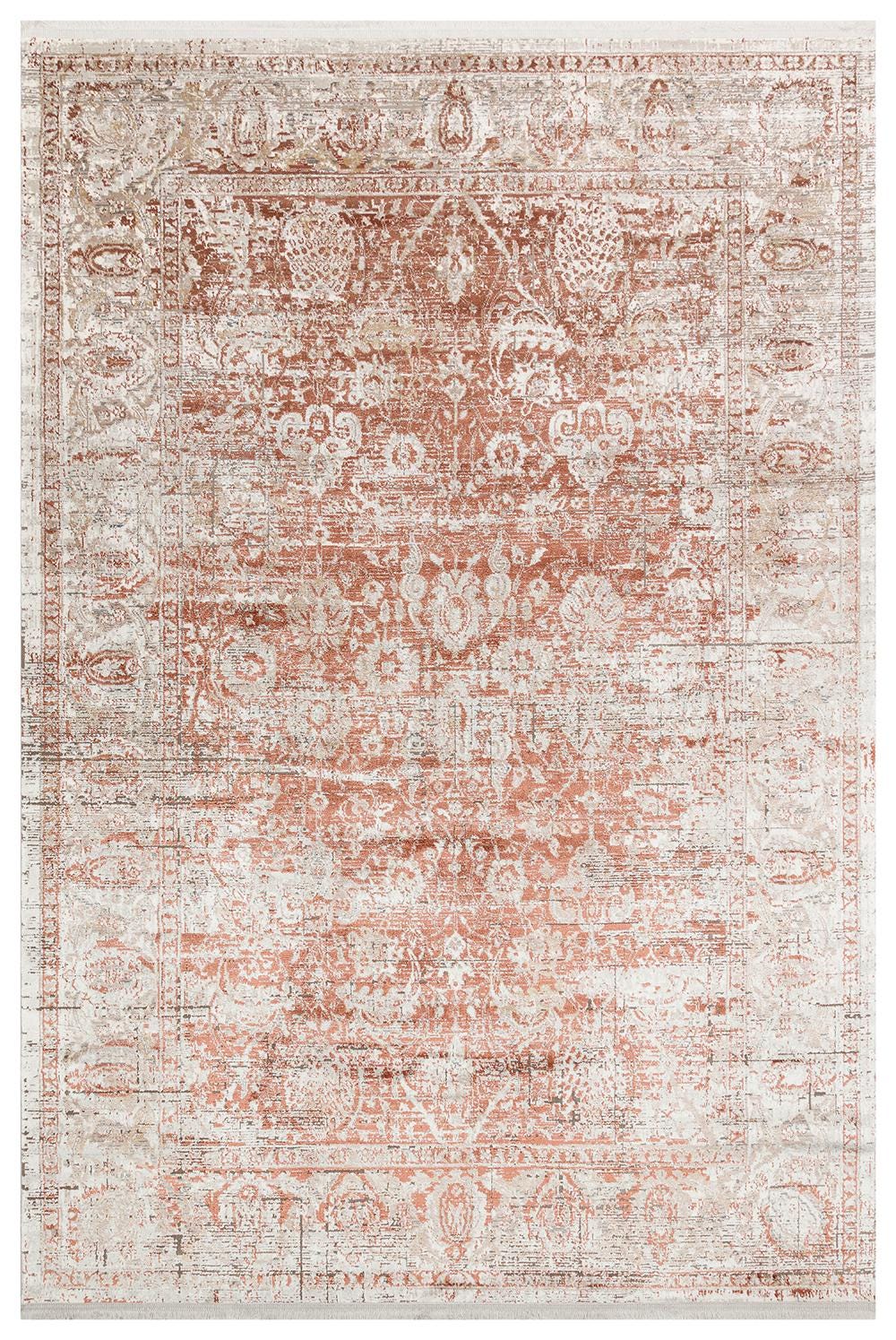 Distressed Terracotta Oriental Medallion Rug, Faded Antique Look Boho Carpet