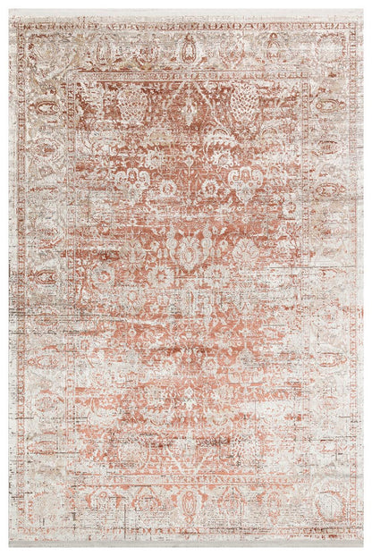 Distressed Terracotta Oriental Medallion Rug, Faded Antique Look Boho Carpet