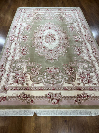 7x10 ft, 100% Wool Hand-Carved Floral Medallion Rug, Sage Green Traditional Home Decor