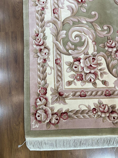 7x10 ft, 100% Wool Hand-Carved Floral Medallion Rug, Sage Green Traditional Home Decor