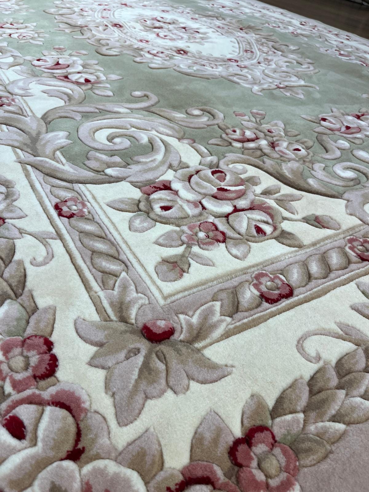 7x10 ft, 100% Wool Hand-Carved Floral Medallion Rug, Sage Green Traditional Home Decor