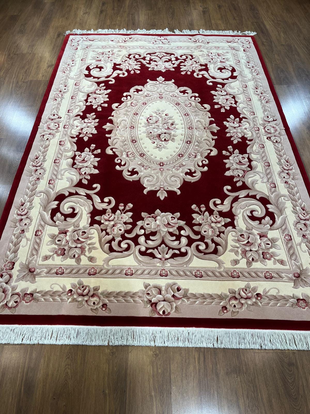 7x10 ft, Hand-Carved Wool Area Rug, Classic Red Floral Medallion Traditional Carpet