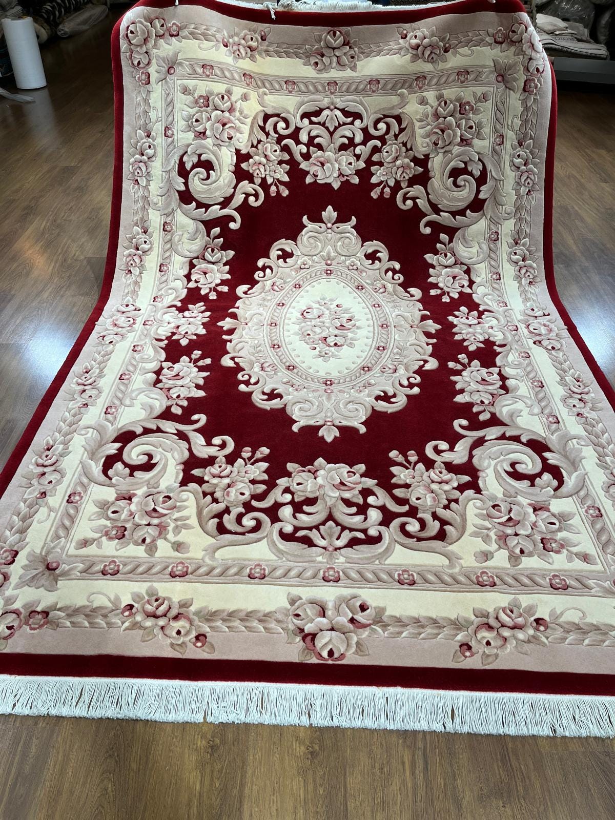 7x10 ft, Hand-Carved Wool Area Rug, Classic Red Floral Medallion Traditional Carpet