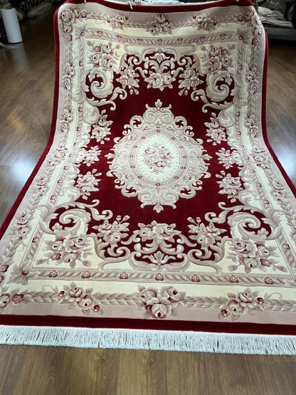 7x10 ft, Hand-Carved Wool Area Rug, Classic Red Floral Medallion Traditional Carpet
