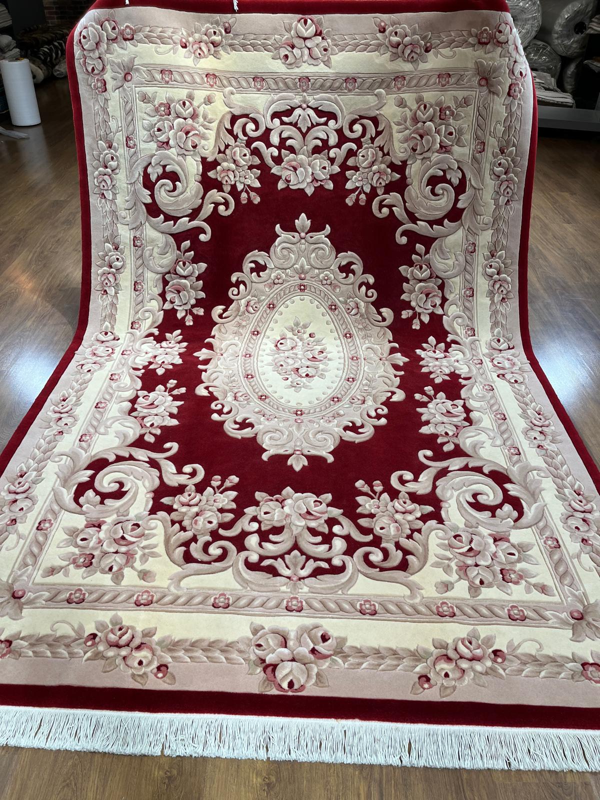 7x10 ft, Hand-Carved Wool Area Rug, Classic Red Floral Medallion Traditional Carpet