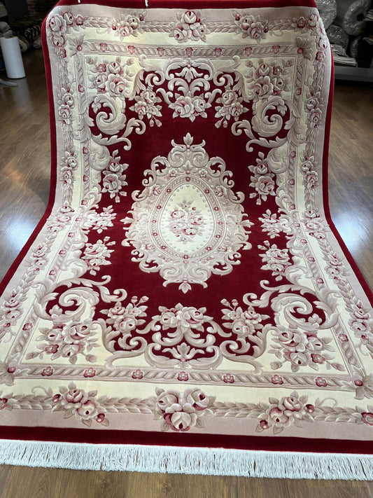 7x10 ft, Hand-Carved Wool Area Rug, Classic Red Floral Medallion Traditional Carpet