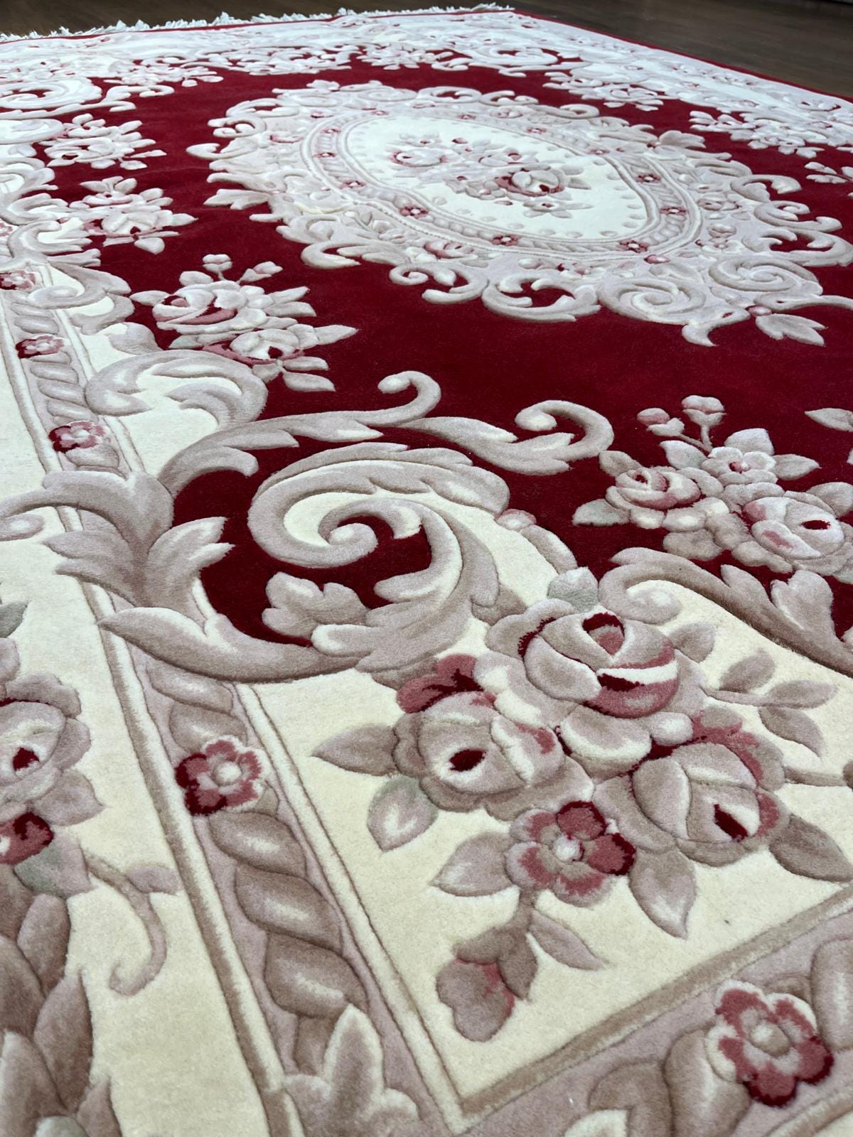 7x10 ft, Hand-Carved Wool Area Rug, Classic Red Floral Medallion Traditional Carpet