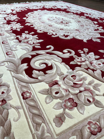 7x10 ft, Hand-Carved Wool Area Rug, Classic Red Floral Medallion Traditional Carpet