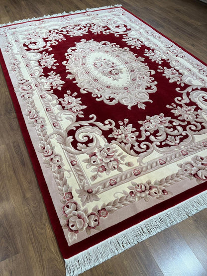 7x10 ft, Hand-Carved Wool Area Rug, Classic Red Floral Medallion Traditional Carpet