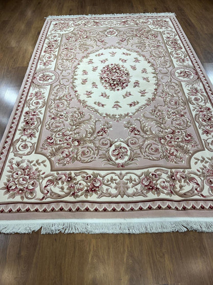 7x10 ft, 100% Wool Hand-Carved Floral Rug, Rose Red Cream Scalloped Border
