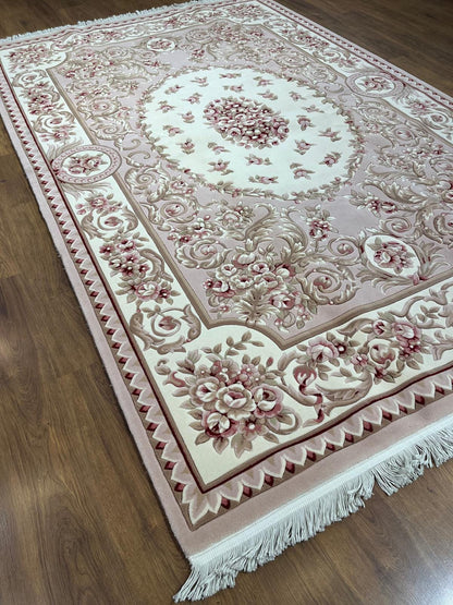 7x10 ft, 100% Wool Hand-Carved Floral Rug, Rose Red Cream Scalloped Border