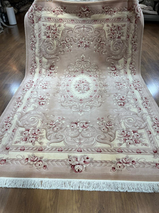 7x10 ft, Hand-Carved Wool Floral Rug, Rose Red Cream Traditional Persian Carpet