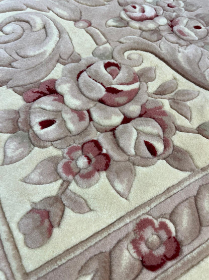 7x10 ft, Hand-Carved Wool Floral Rug, Rose Red Cream Traditional Persian Carpet