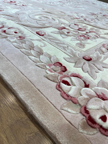 7x10 ft, Hand-Carved Wool Floral Rug, Rose Red Cream Traditional Persian Carpet