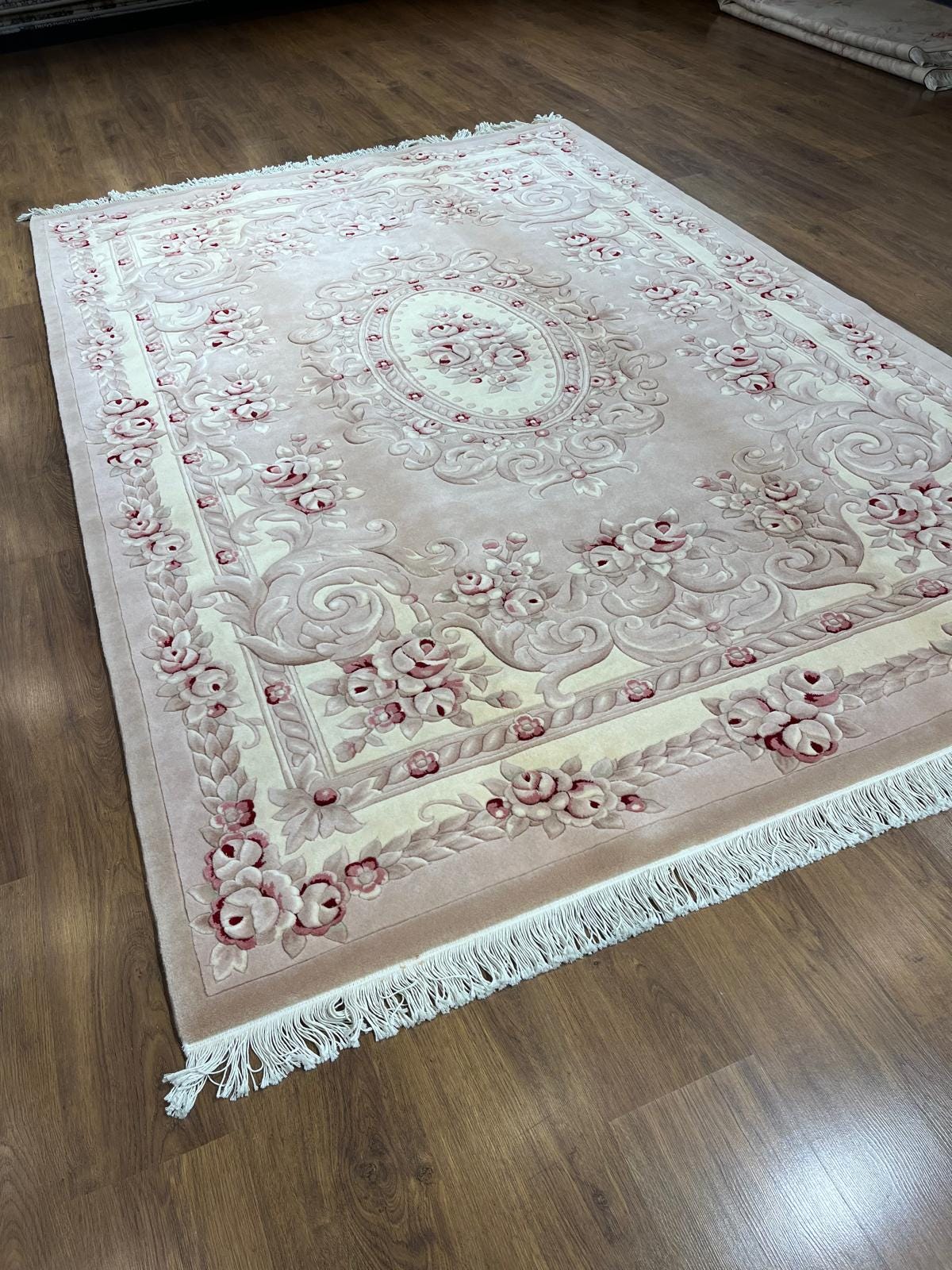 7x10 ft, Hand-Carved Wool Floral Rug, Rose Red Cream Traditional Persian Carpet