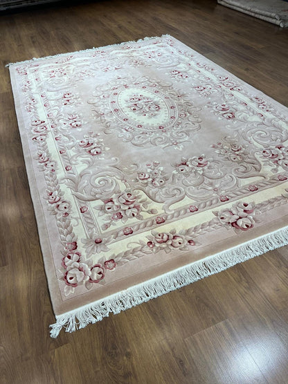 7x10 ft, Hand-Carved Wool Floral Rug, Rose Red Cream Traditional Persian Carpet