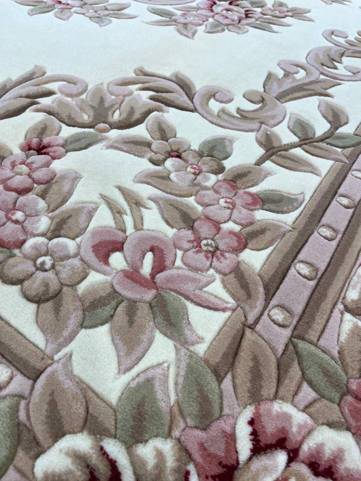 7x10 ft, 100% Wool Hand-Carved Floral Rug, Rose Red Cream, Traditional Persian Medallion Carpet