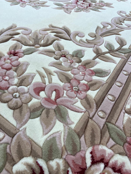 7x10 ft, 100% Wool Hand-Carved Floral Rug, Rose Red Cream, Traditional Persian Medallion Carpet