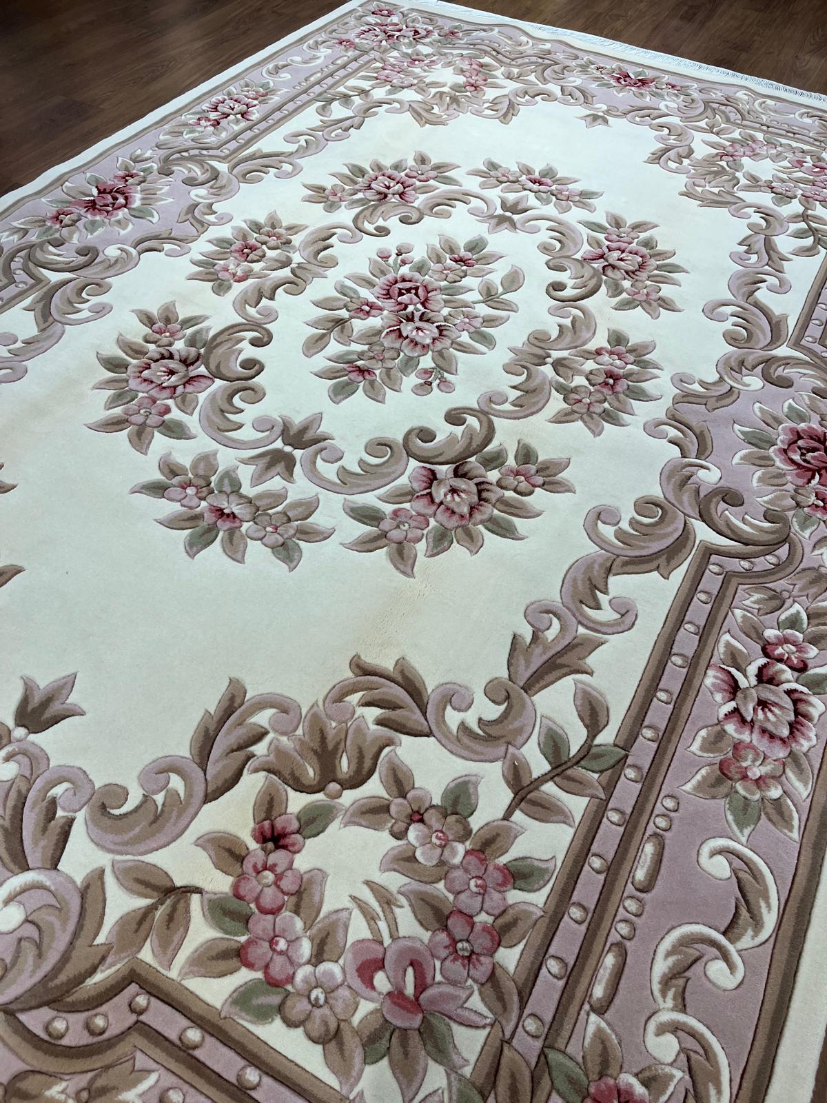 7x10 ft, 100% Wool Hand-Carved Floral Rug, Rose Red Cream, Traditional Persian Medallion Carpet