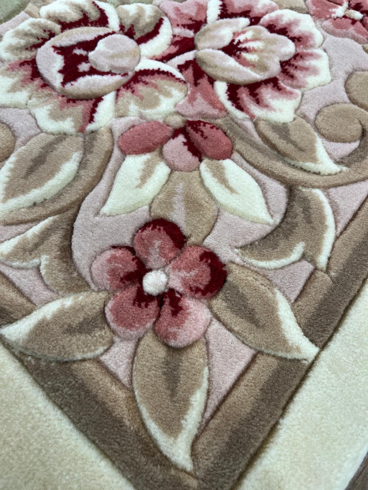 7x10 ft, 100% Wool Hand-Carved Floral Rug, Rose Red Cream, Traditional Persian Medallion Carpet