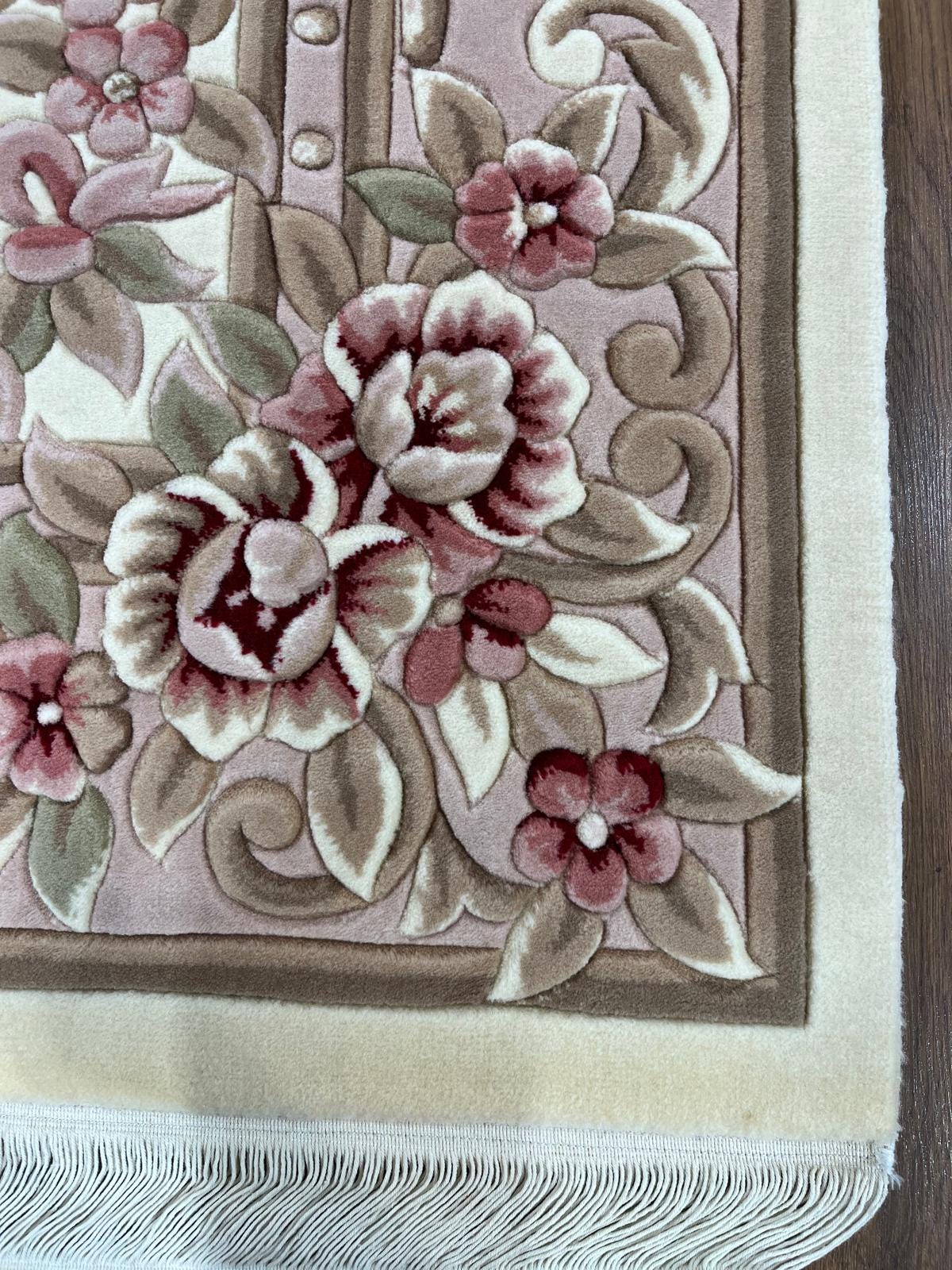 7x10 ft, 100% Wool Hand-Carved Floral Rug, Rose Red Cream, Traditional Persian Medallion Carpet