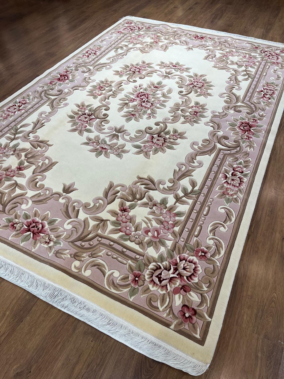 7x10 ft, 100% Wool Hand-Carved Floral Rug, Rose Red Cream, Traditional Persian Medallion Carpet